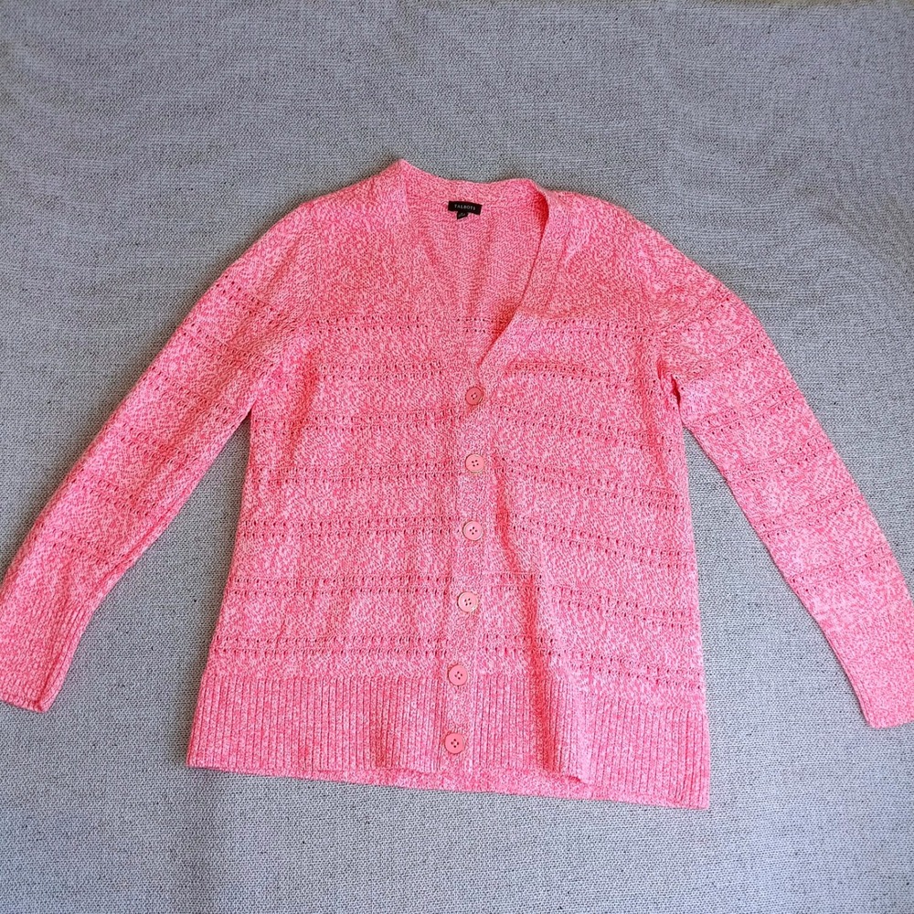Talbots Cardigan Sweater Womens Medium Pink Excellent Marled Pointelle Cotton